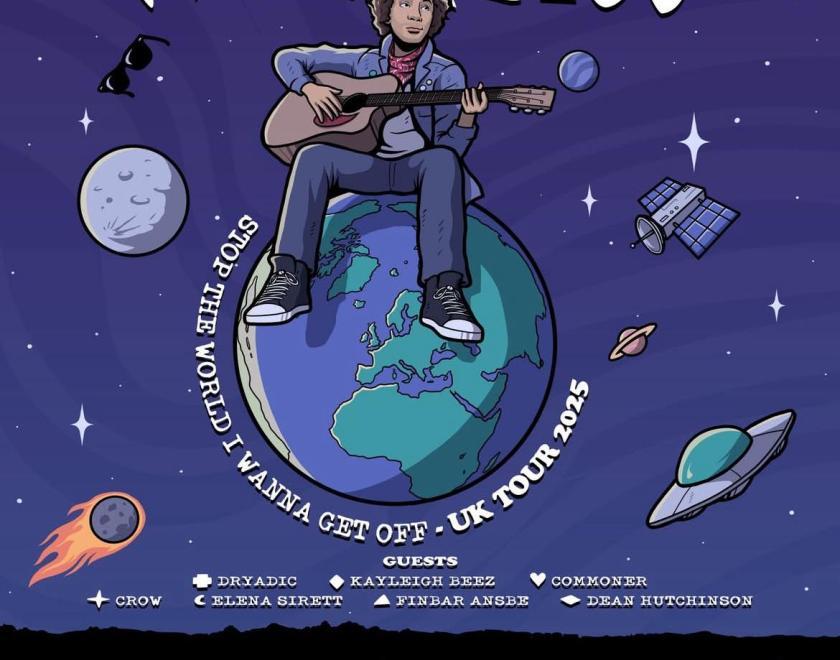 Tour poster featuring a comic book-style image of Matt Pless sitting on the planet earth