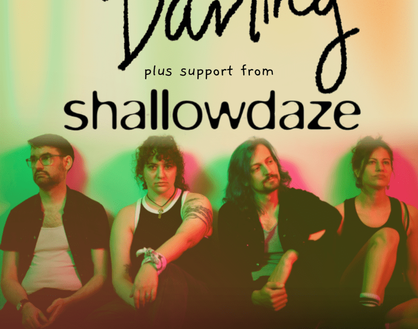 Sorry Darling band members with Shallowdaze logo, haze green and pink background. 