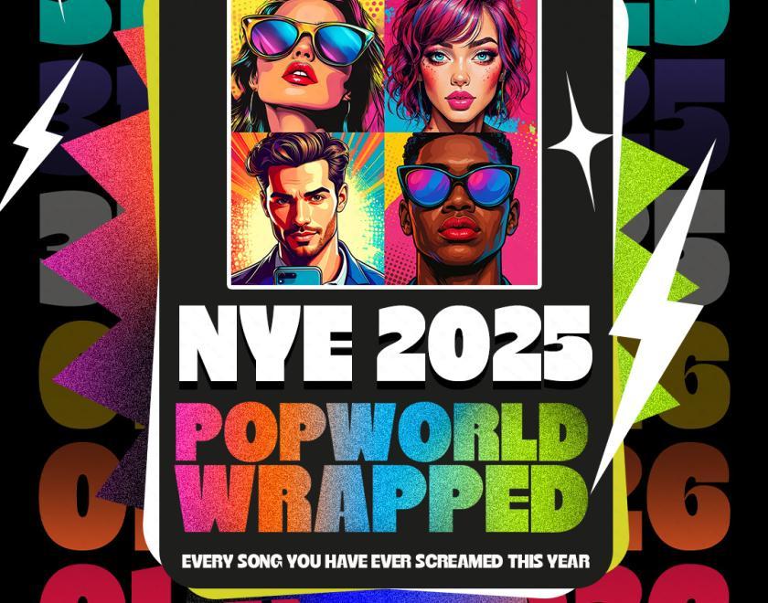 Poster for Popworld Wrapped New Year's Eve party featuring AI headhsot fo four people