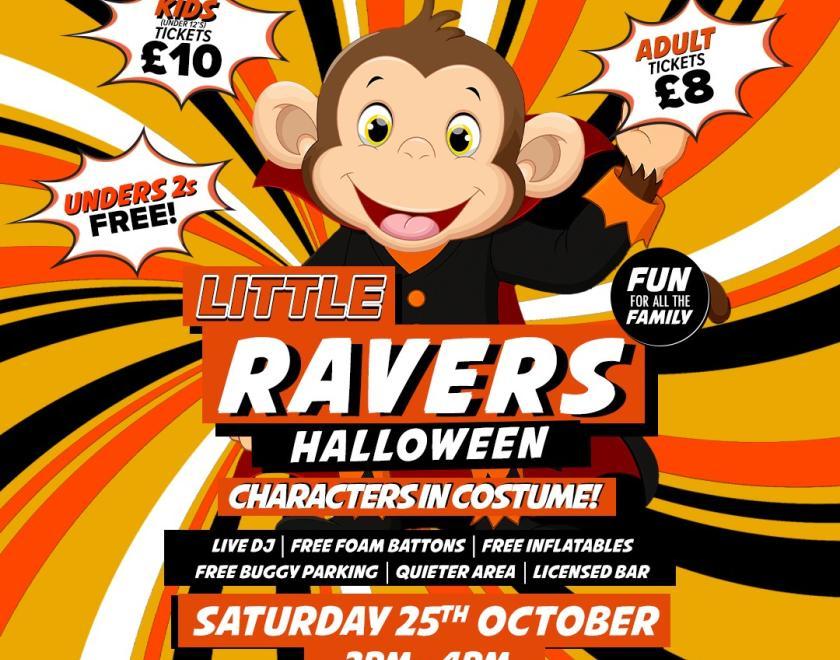 Poster for Little Ravers: Halloween Special with a cartoon monkey against a kaleidoscopic background