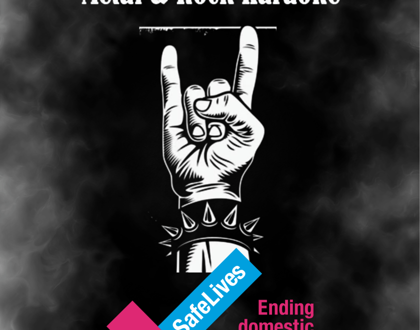 poster with a black background with a hand showing the metal horns gesture above the Safe Lives blue & pink tick logo