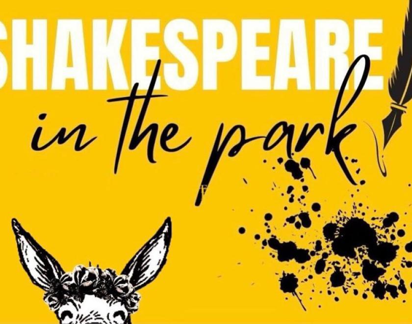 "Shakespeare in the Park" on a yellow background with a small image of a donkey's head peeking up from the bottom