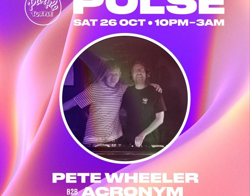 photo of two middle-aged men behind dj decks, in a circle on a purple background