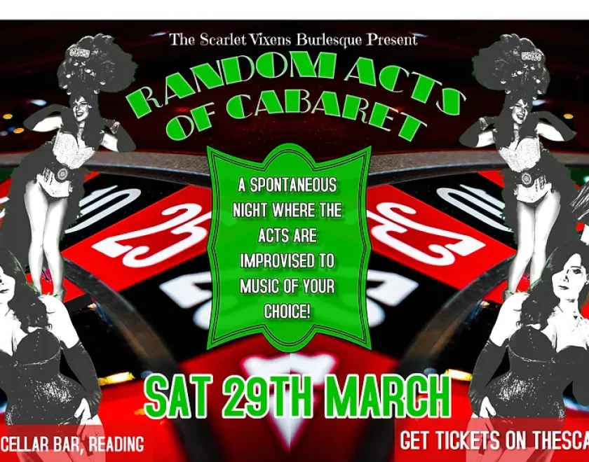 Image of various burlesque performers superimposed over a roulette wheel