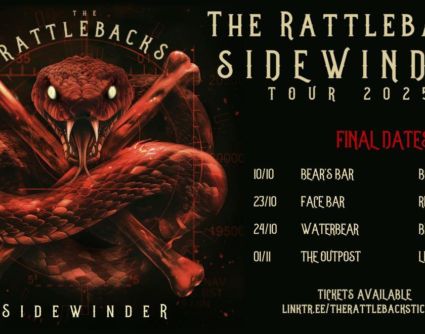 Event poster featuring the Rattlebacks logo - a snake/skull-and-crossbones motif - and details of the tour dates