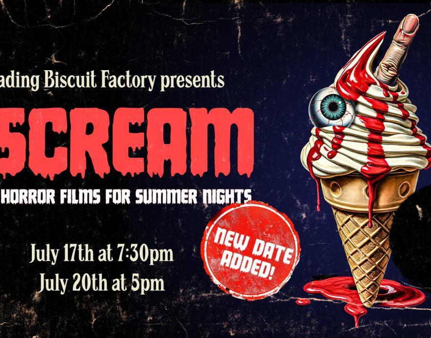 Poster for I Scream event with a picture of an ice-cream cone with an eyball in it, designed to look like an old VHS cover