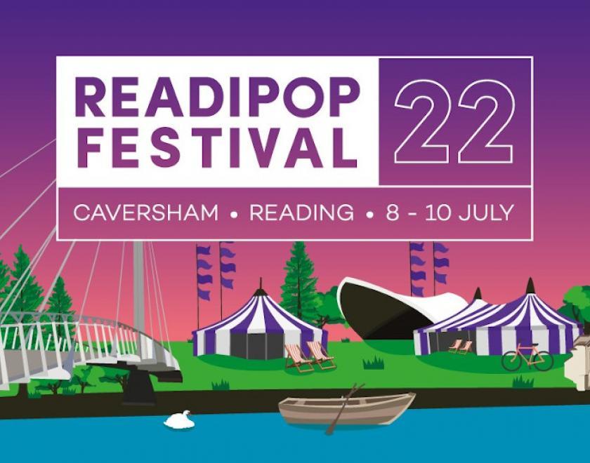 Poster for Readipop festival 2022 with artist renderings of the festival site along the river Thames