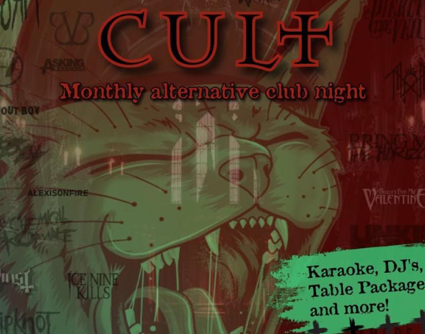 CULT poster with the logo and an image of the Club Reckless cat, covered in band logos