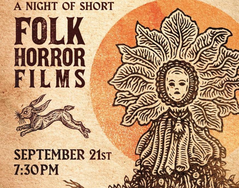 Artwork depicting a woodcut of a Queen of the Field and a hare. 