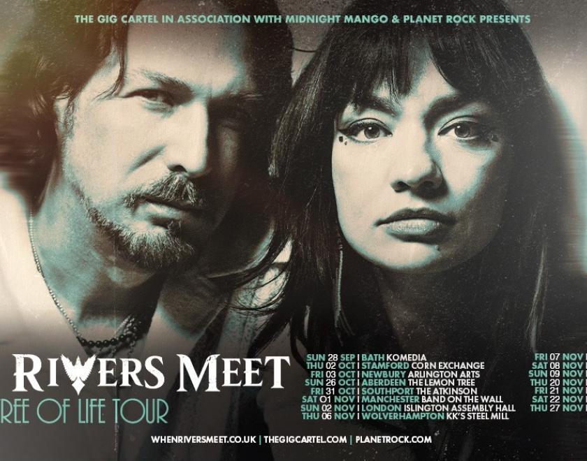 Close-up monochrome image of male-female music duo When Rivers Meet