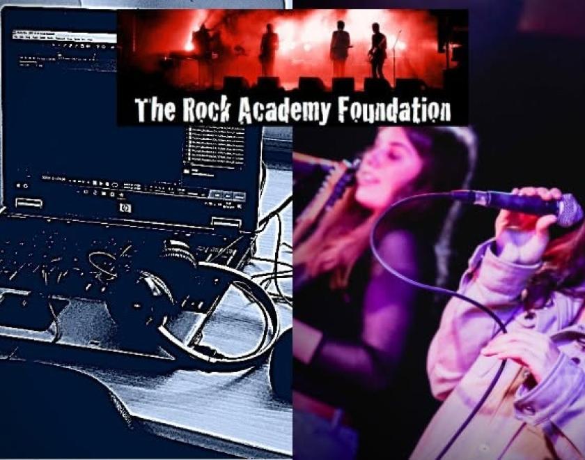 An image of a laptop with headphones, and an image of two teenage girls singing into microphones on stage