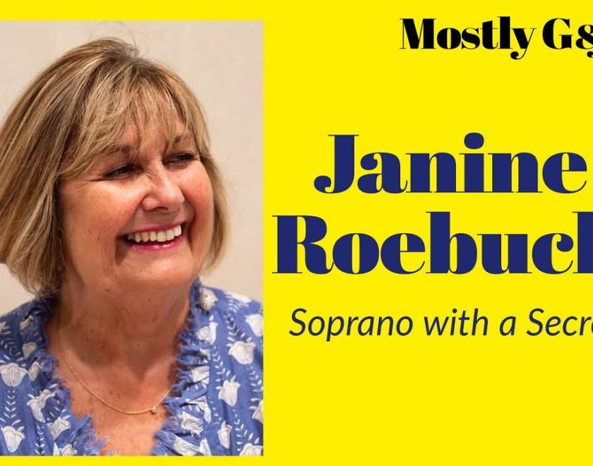 Singer Janine Roebuck in a blue floral blouse
