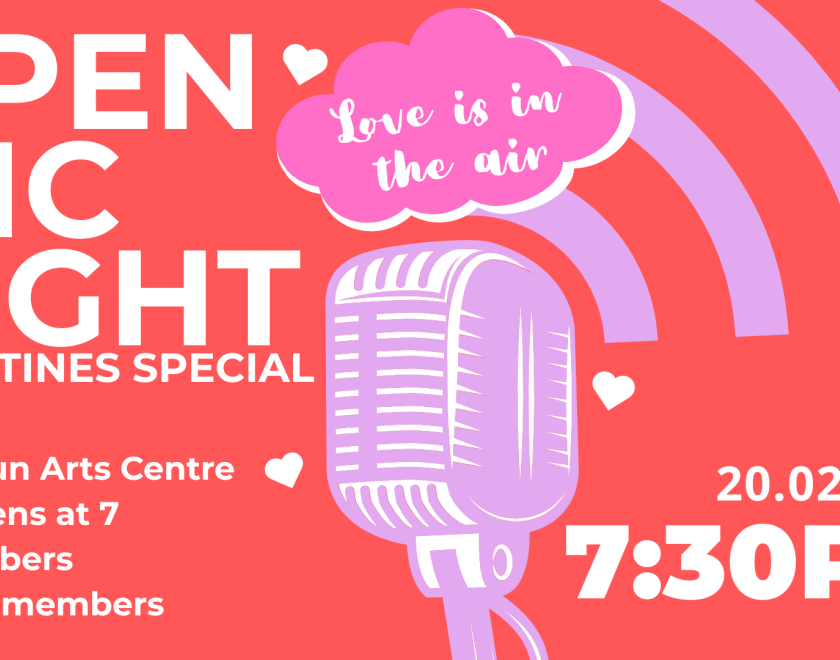 poster for open mic night with an image of a vintage microphone in pink against a red background and details of the event