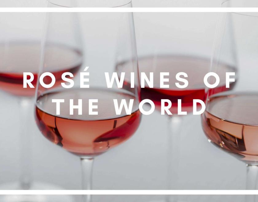 Four glasses of rose wine with bold white text "rose wines of the world"