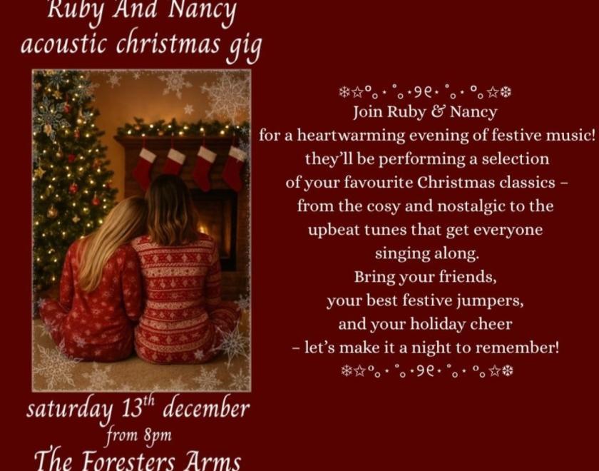 Poster featuring possibly AI art of two women in Christmas pyjamas