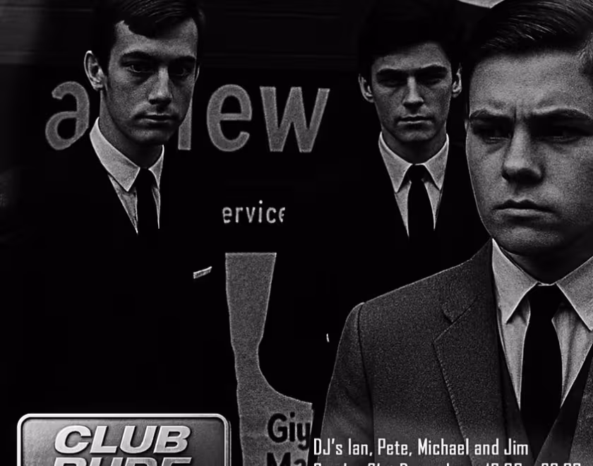Poster for Club Rude mk2 event with a stock photo of three men in suits