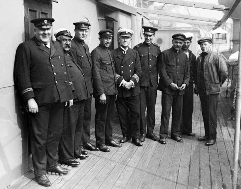 Merchant Navy men on deck during World War One