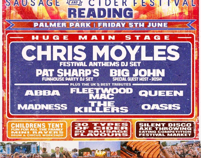 Poster for Reading Sausage & Cider Festival 2026 with information about the event