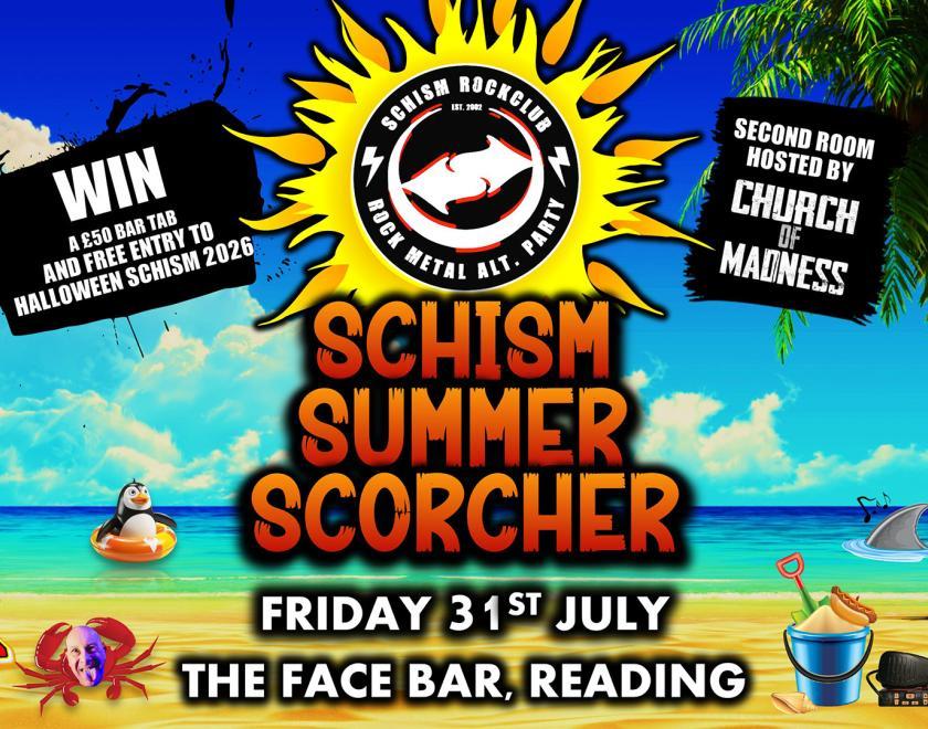 Poster with the Schism logo and beach imagery - sun, sea, sand, sandcastles etc