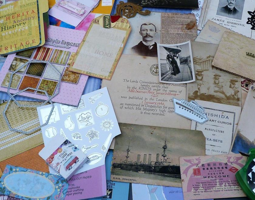 Pictures and trimmings used in scrapbooking