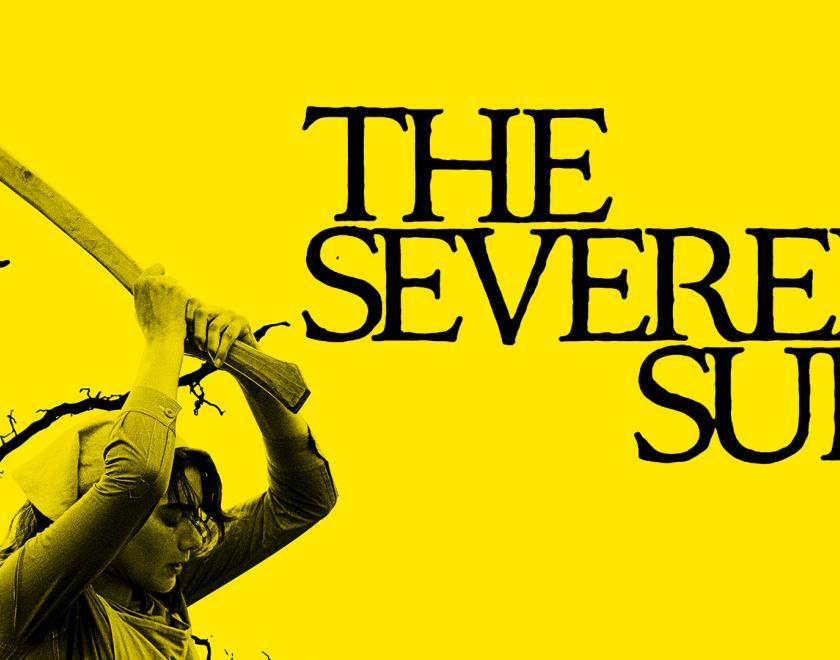 Poster for The Severed Sun with a woman in period dress weilding an axe. Black and yellow monochrome.