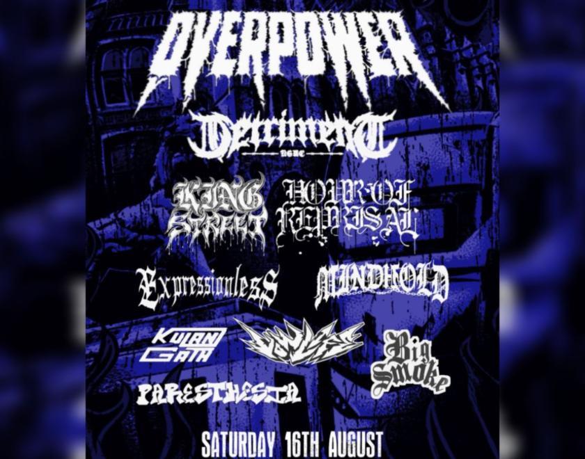 logos for OVERPOWER and supporting bands