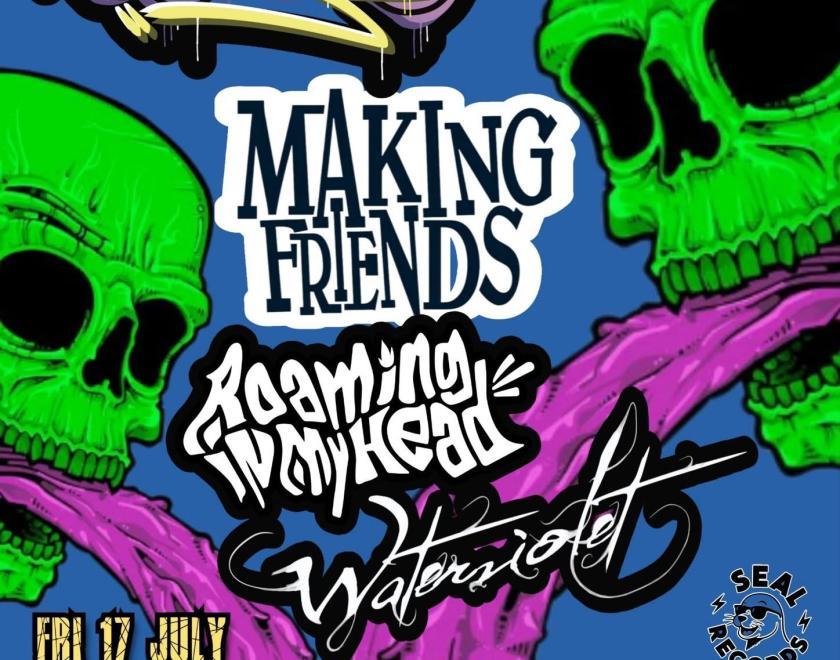 Poster featuring band logos with green skulls puking in the background
