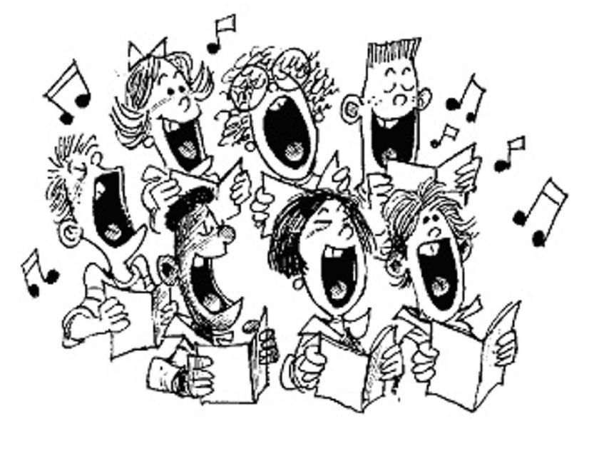 Cartoon of a group of people, their mouths open in song
