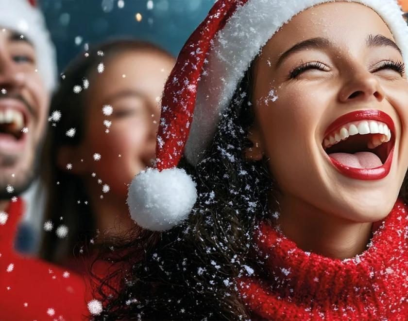 AI art of people singing in red jumpers and Christmas hats