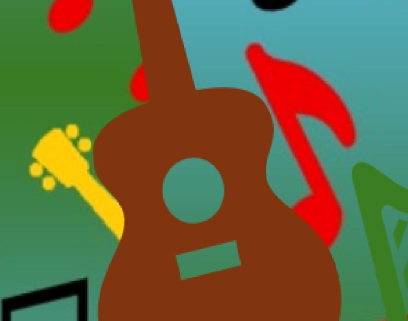 Colourful composite image of a guitar, parts of other musical instruments and musical notes