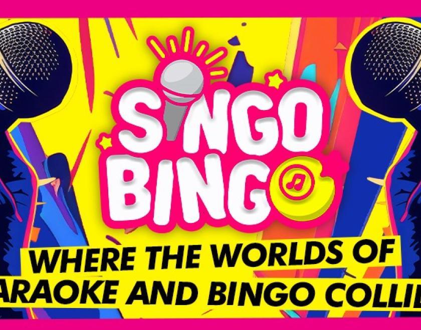 Singo Bingo logo with microphones and bingo balls