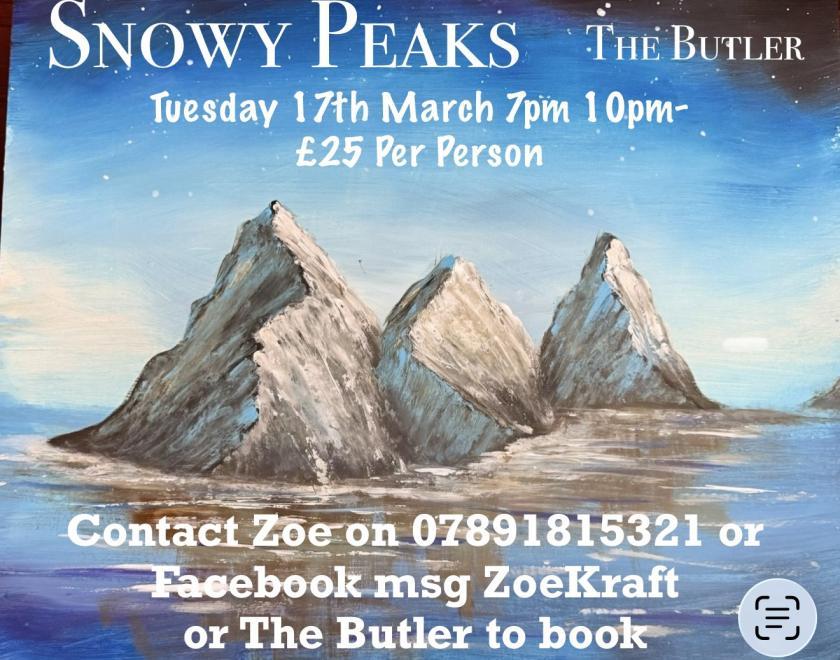 Artwork of snowy mountain peaks