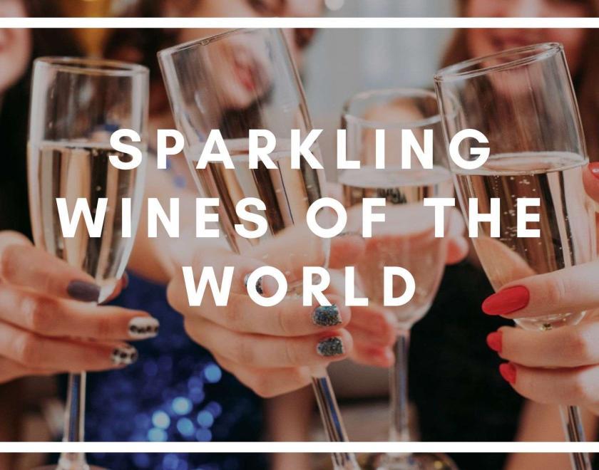 Banner image of multiple glasses of sparkling wines being held to the camera, with bold white text 'Sparkling wines of the world'