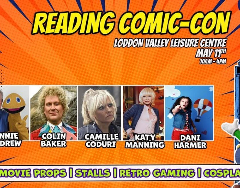 Reading Comic Con Spring 2025 logo featuring comic book characters and guests