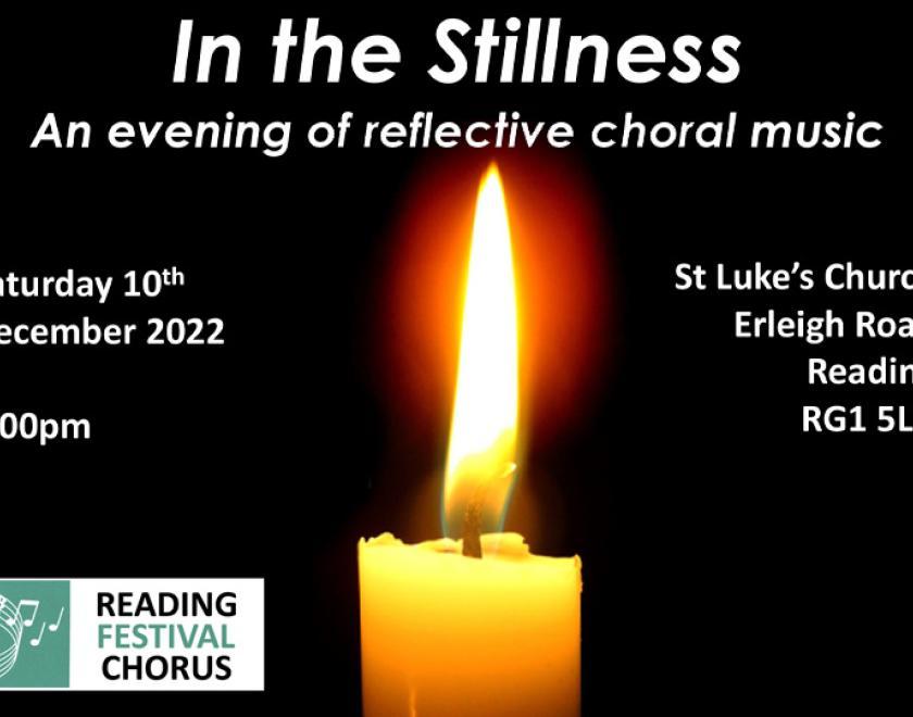 In The Stillness poster with a candle on a black background