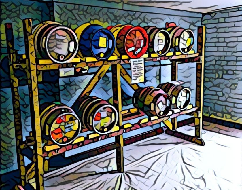 Beer barrels racked onto a wooden stillage with blue walls behind and to the right; whole image has been stylised to look like a drawing with ripples and refracted colours through it