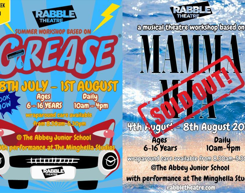 Posters for Grease, showing a car, and Mamma Mia, showing a beach
