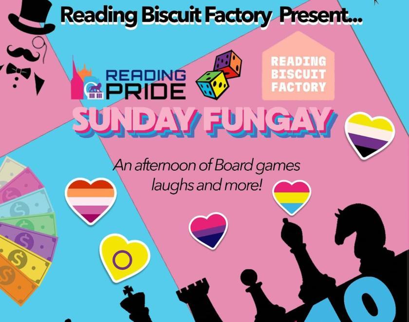 Sunday Fungay at Reading Biscuit Factory poster with blue and pink checks and silhouettes of game pieces