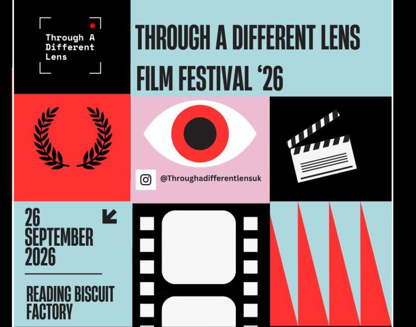 Through A Different Lens Film Festival poster - a mid-centruy, Saul Bass-esque design with multiple grid squares showing images of clapperboards and film strips, logos and info