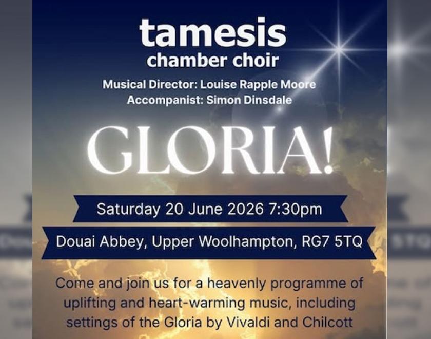 Poster for Gloria! with details over the event over a photo of clouds with the sun breaking through