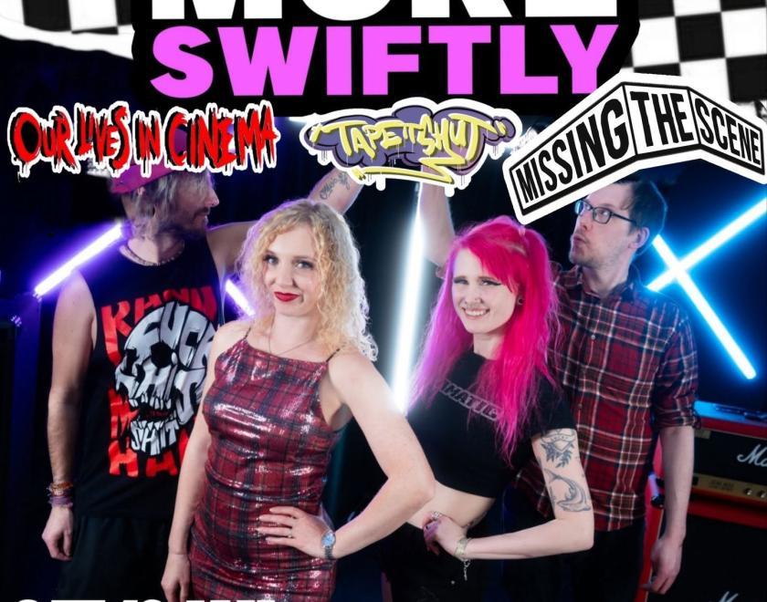 Band members standing in a row, with the Taylor More Swiftly logo over a balck and white checked background