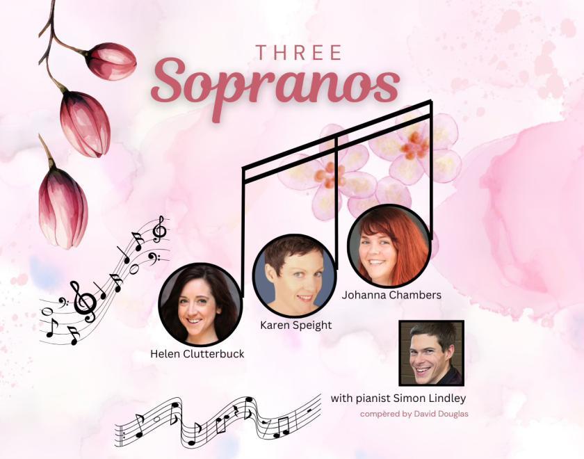 Poster for Three Sopranos event with a music note graphic with each of the three sopranos' heads in each note