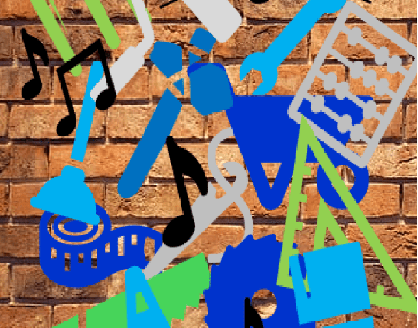 Image of a brick background with shapes of different tools, including hammer, paintbrush, needle, saw, etc... There are shapes of musical notes amongst the tools