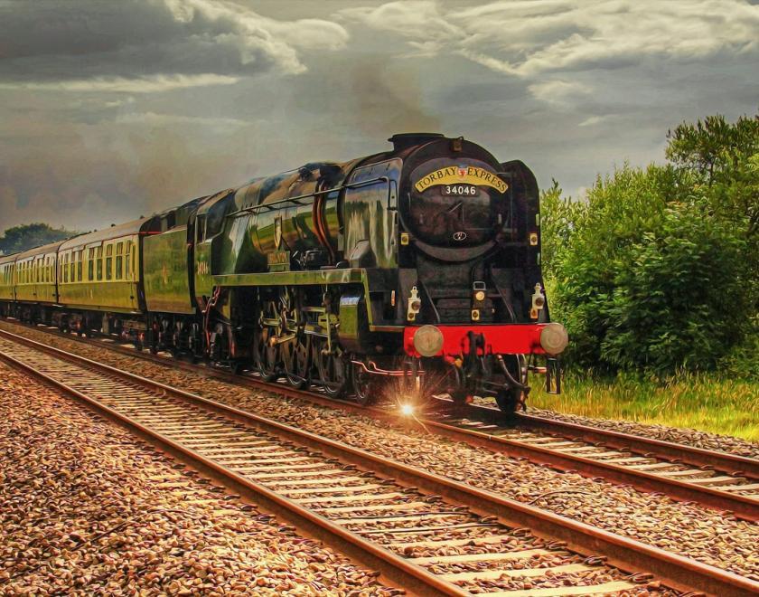 Painting of the Torbay Express, a green steam locomotive