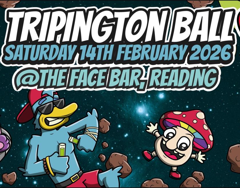 Poster for Tripington Ball featuring cartoon images of various animals at a trippy disco