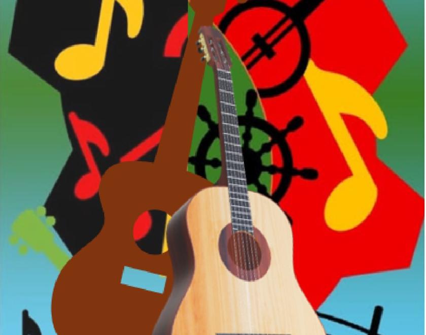 Image of two guitars set against a colourful background of images related to music (musical notation and a banjo) and the theme (a wheel and some cogs)