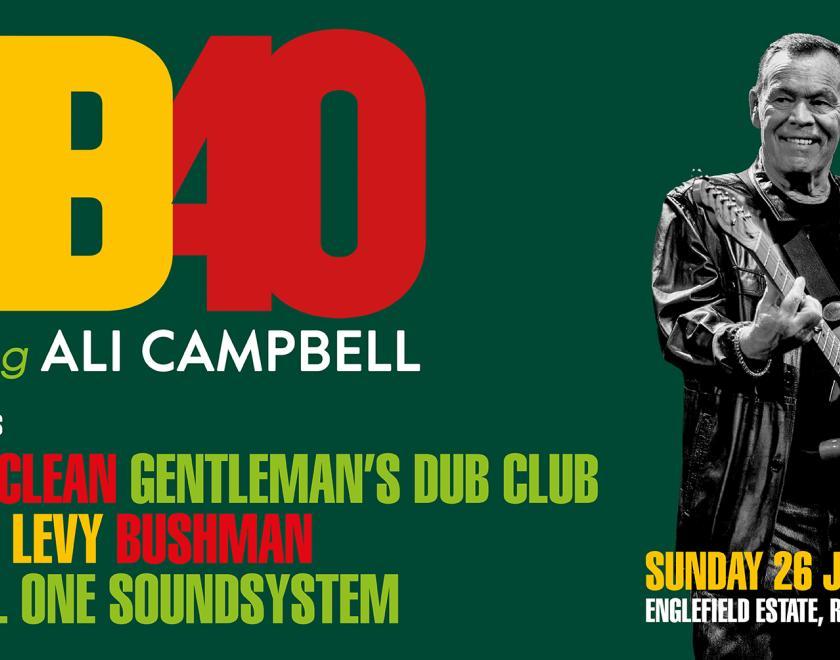 Event poster featuring a black and white photo of Ali Campbell holding a guitar and red and yellow text on a green background