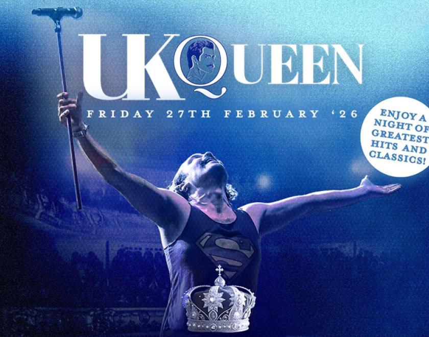  UK Queen logo and a man dressed as Freddie Mercury