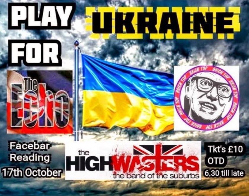Logos of the three bands appearing next to a Ukraine flag