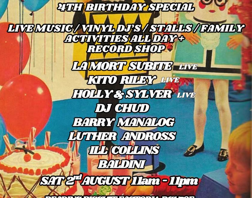Poster for Stax of Wax: Reading Biscuit Factory 4th Birthday special listing the acts perofrming